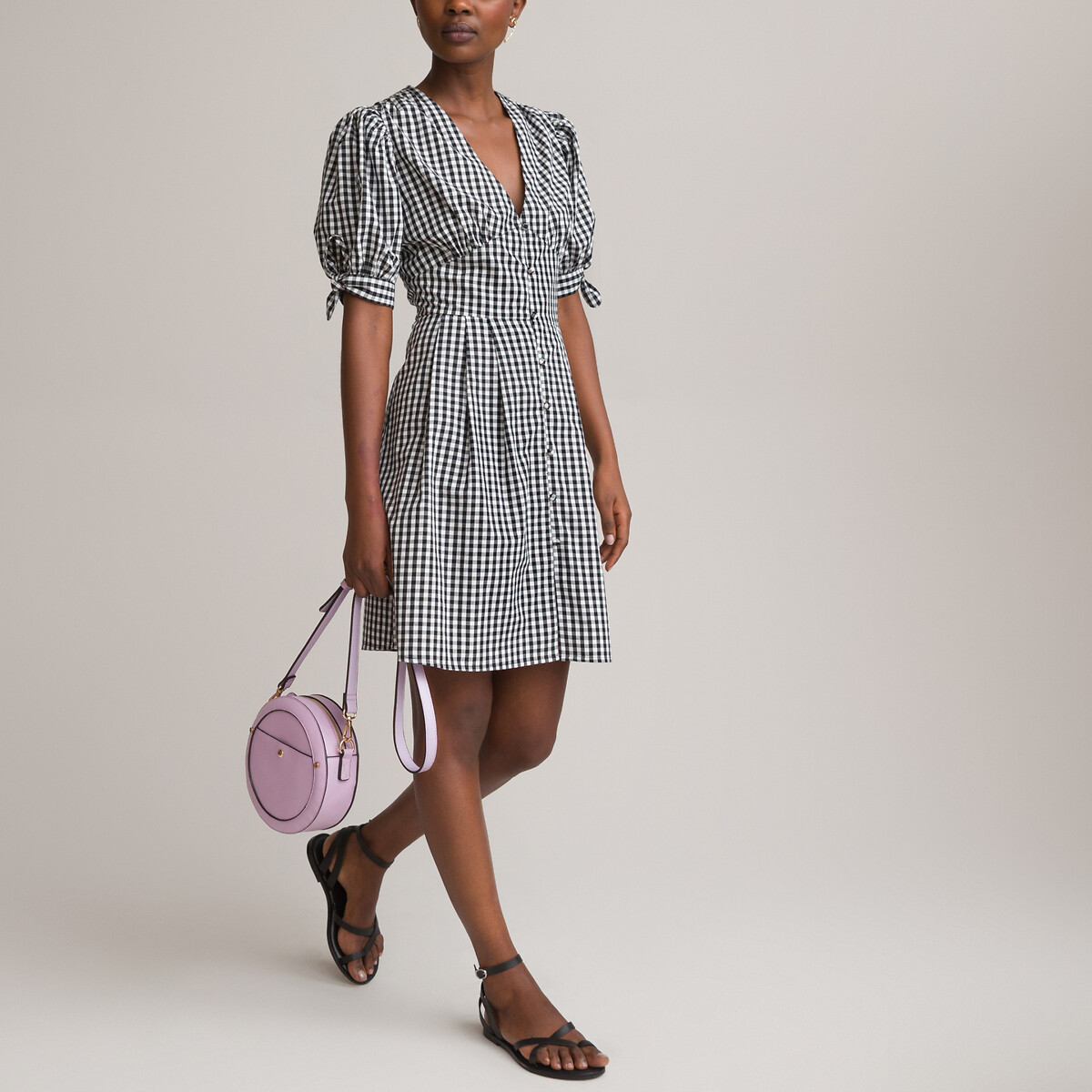 Gingham cotton mini dress with puff ...
